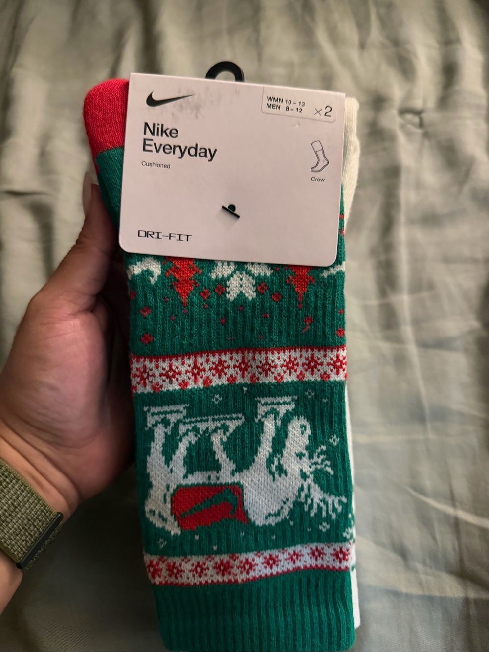 Nike Crew Socks - Green/Red/White Holiday Pattern